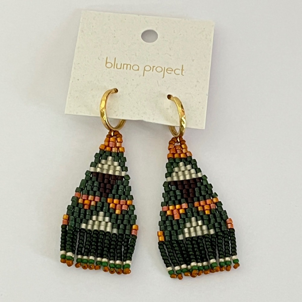 Bluma Project Beaded Fringe Earrings  Green Orange Geometric Hoop Dangle